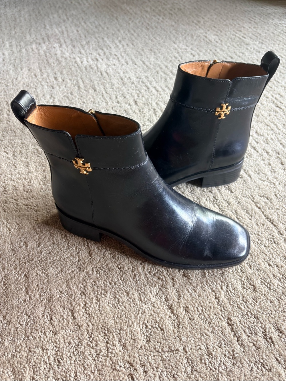Tory Burch Black Leather Ankle Booties with Gold Logo Stud